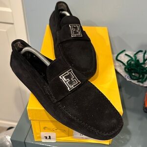 Fendi Black Loafers with Silver Logo